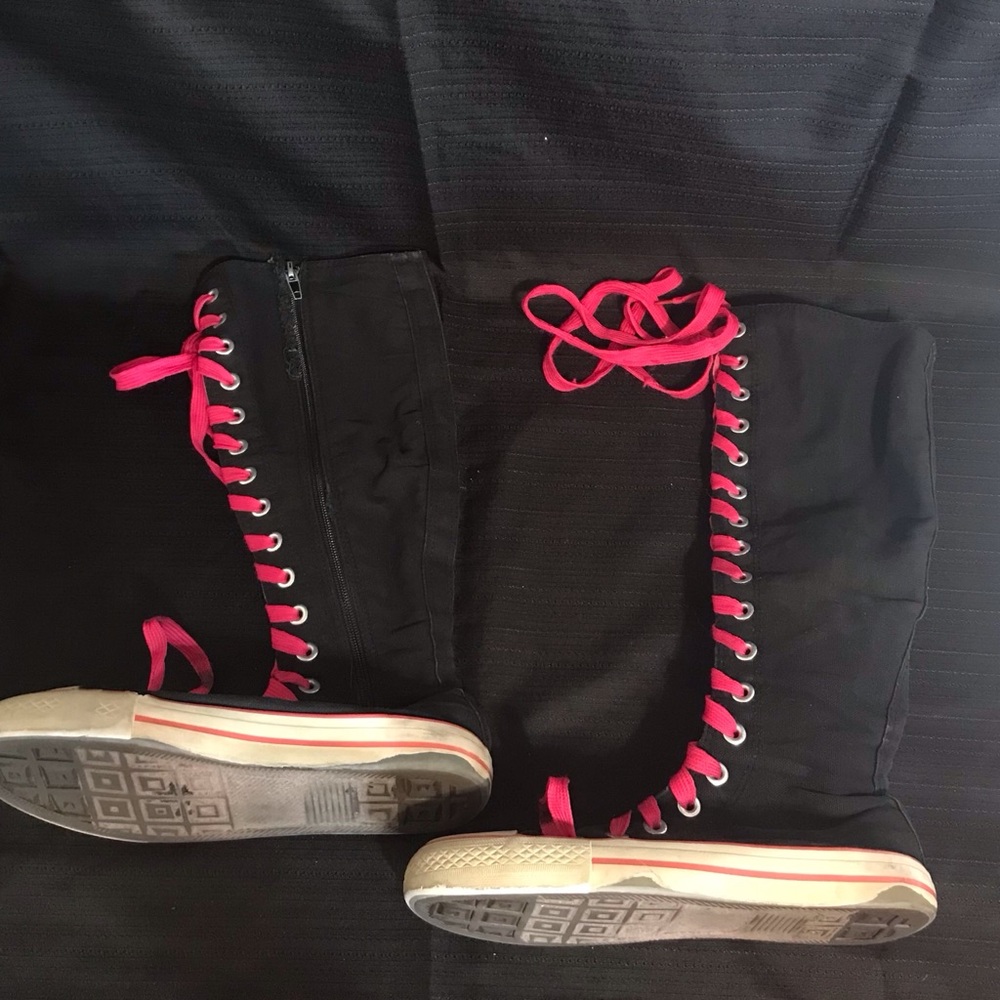 Converse Black Knee-High Sneakers with Pink Laces